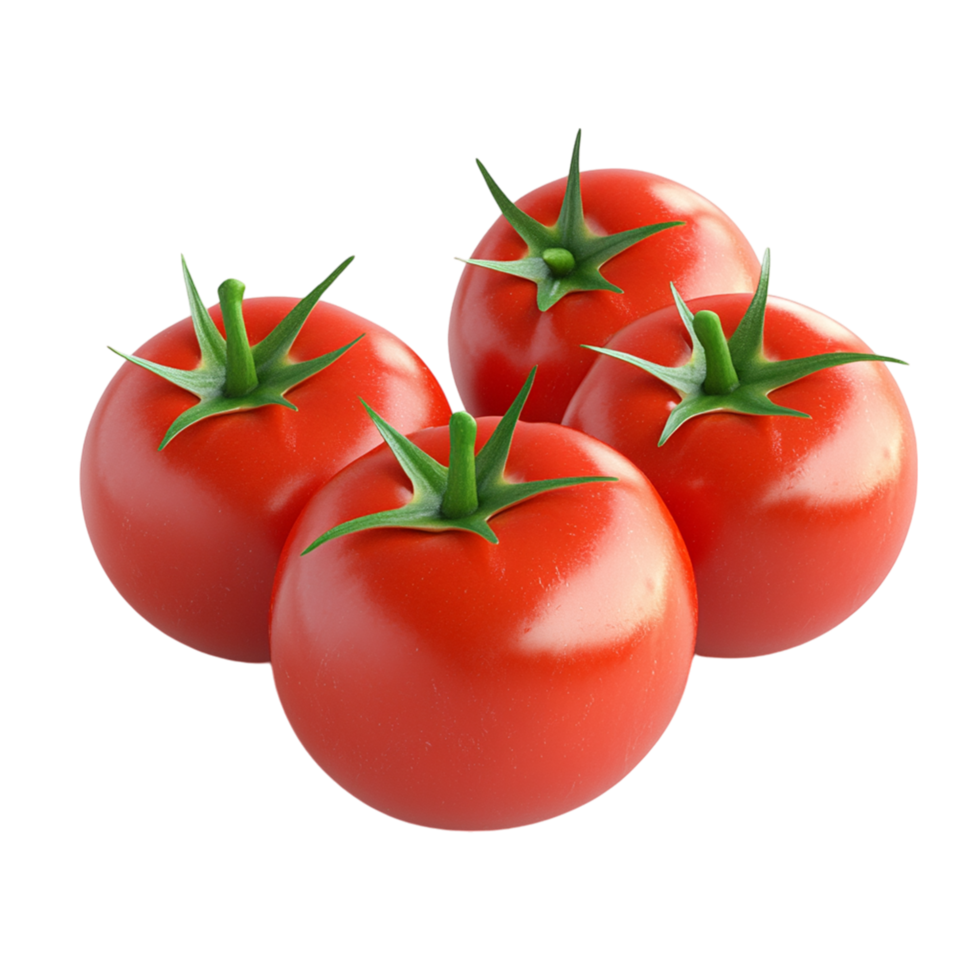 Four ripe red tomatoes isolated on food diet farm fresh group on transparent background png