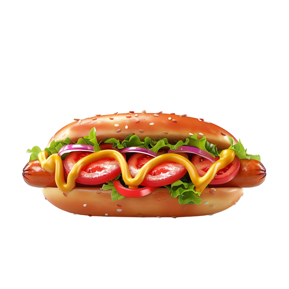 Delicious hot dog with mustard tomatoes and onions bun food meal on transparent background png