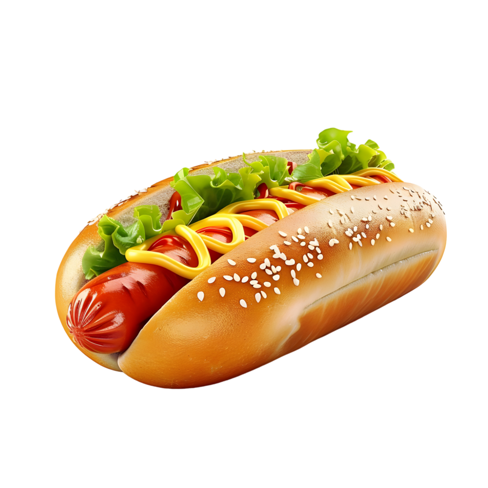 Delicious hot dog with mustard ketchup and lettuce bun bbq eat on transparent background png