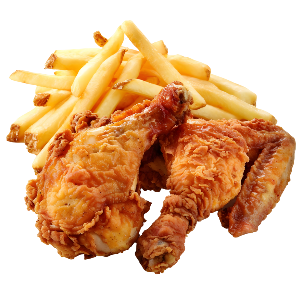 Crispy fried chicken drumsticks with golden french fries hot eat on transparent background png