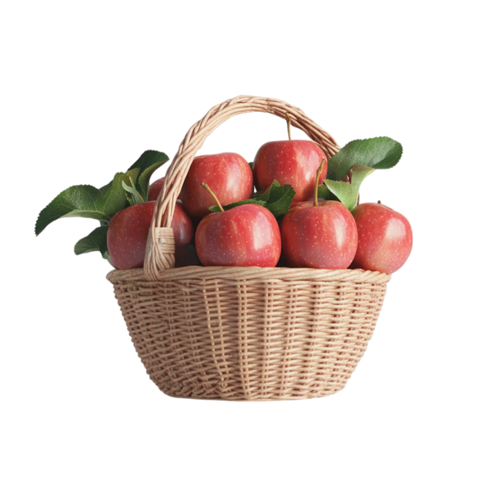 Fresh red apples in a rustic woven basket with leaves fall food on transparent background png