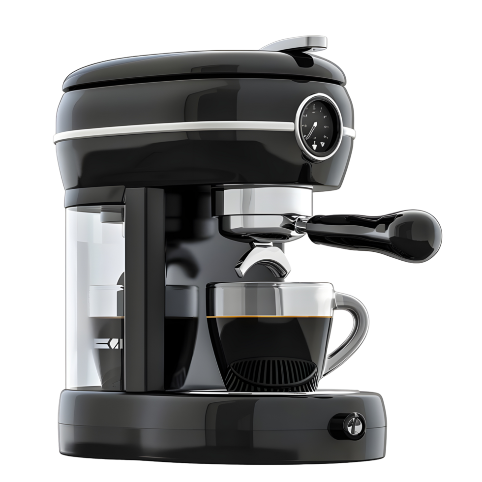 Elegant black espresso machine brewing rich coffee 3d cup dark on transparent background png