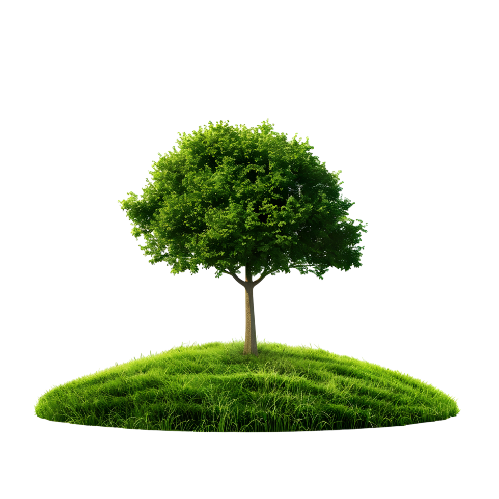Single green tree on lush grassy hill isolated on leaf plant on transparent background png