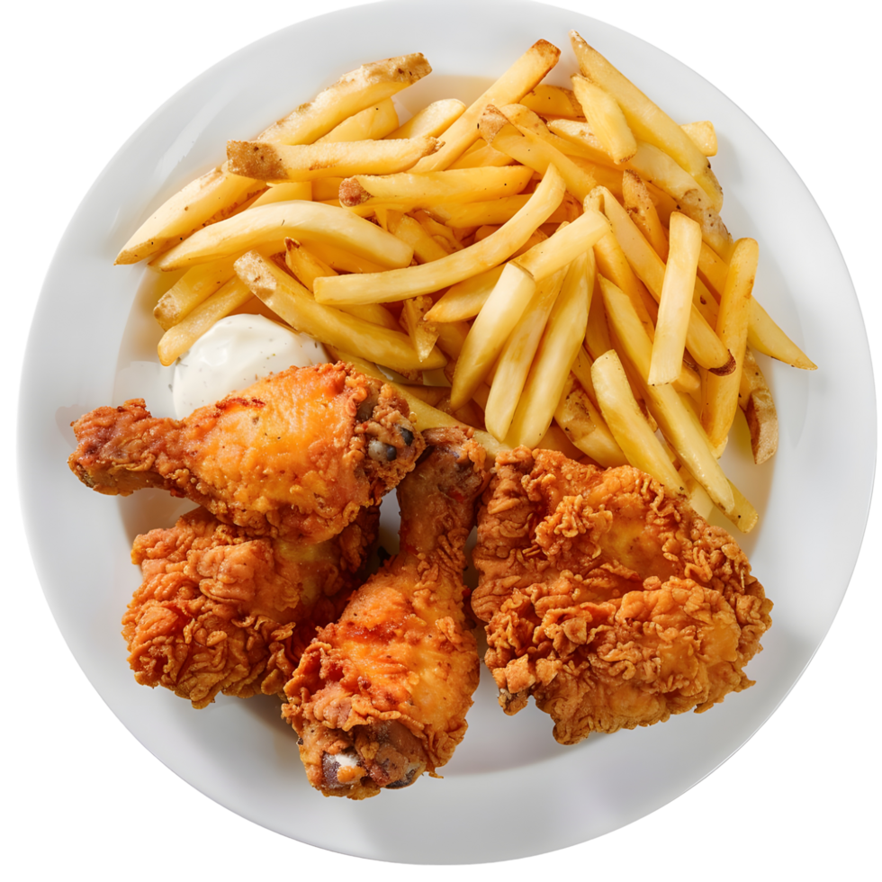 Crispy fried chicken drumsticks with golden french fries eat on transparent background png