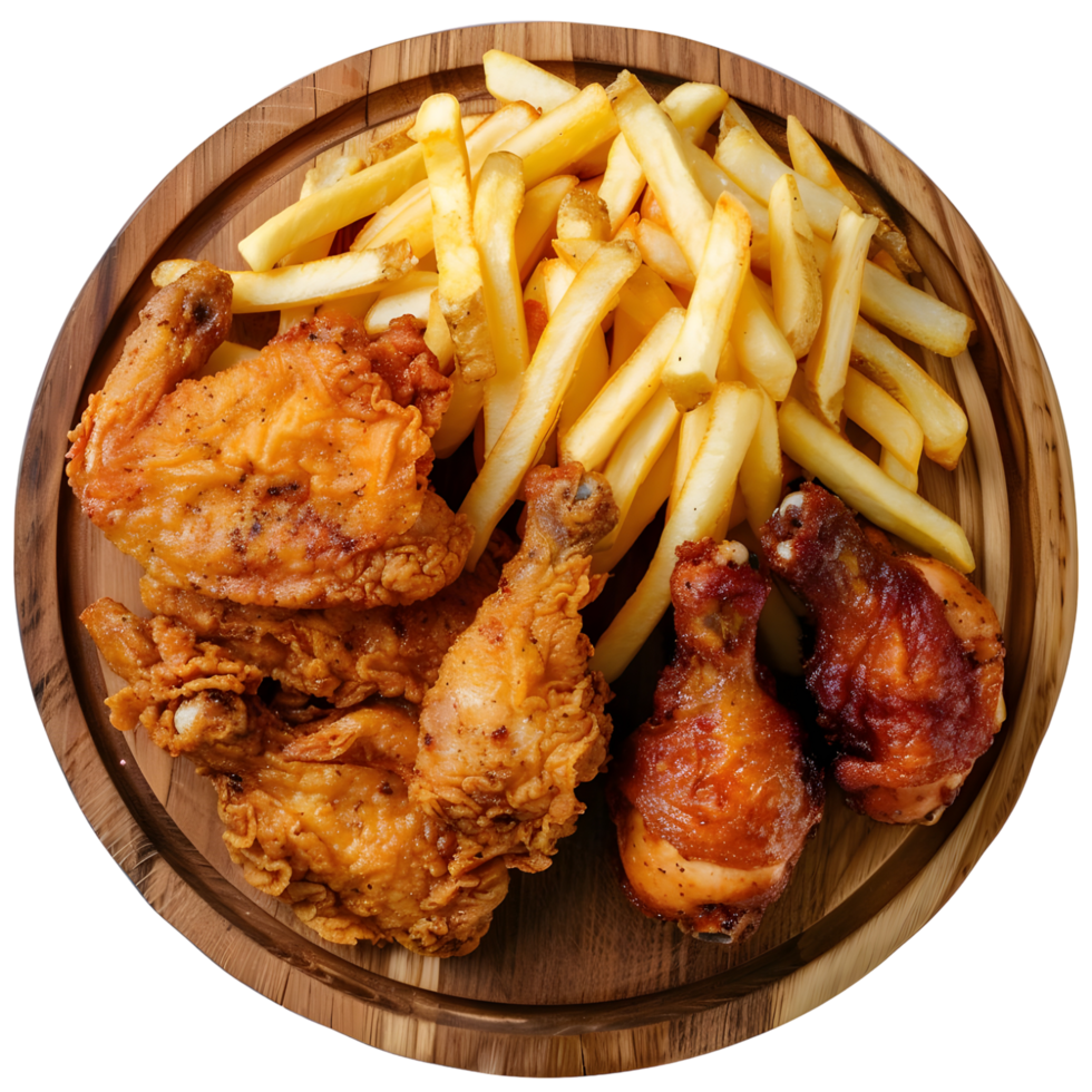 Delicious crispy fried chicken with golden french fries on on transparent background eat png