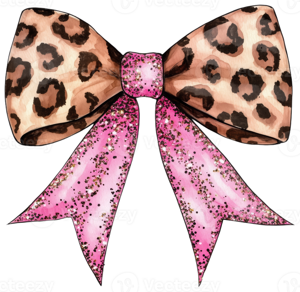 Leopard Print Bow with Pink Glitter Ribbons png