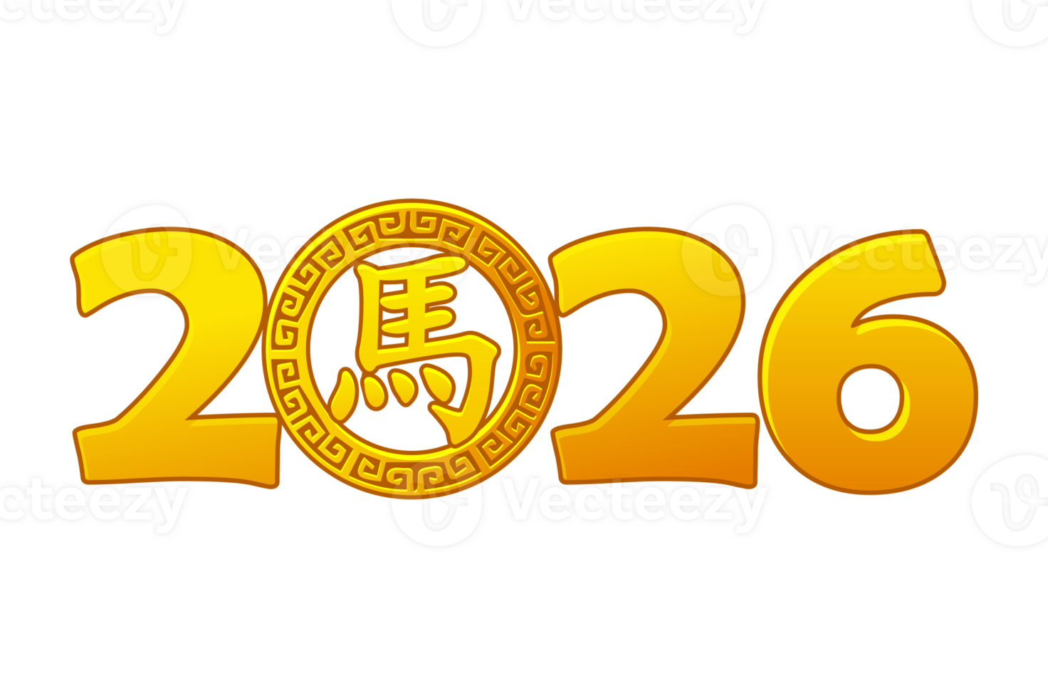 Golden 2026 typography with talisman or coin of hieroglyph horse. Happy Chinese New Year. Design element for your print, greeting card, invitation, sticker or more... png