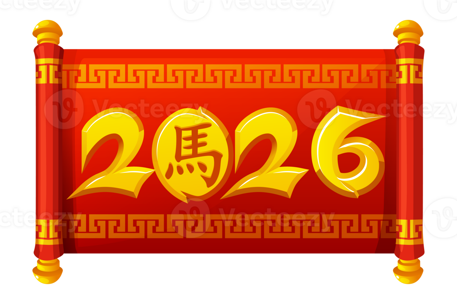 2026 Chinese Happy new year background. Volumetric red and gold numbers and letters on red scroll. New Year greeting card png