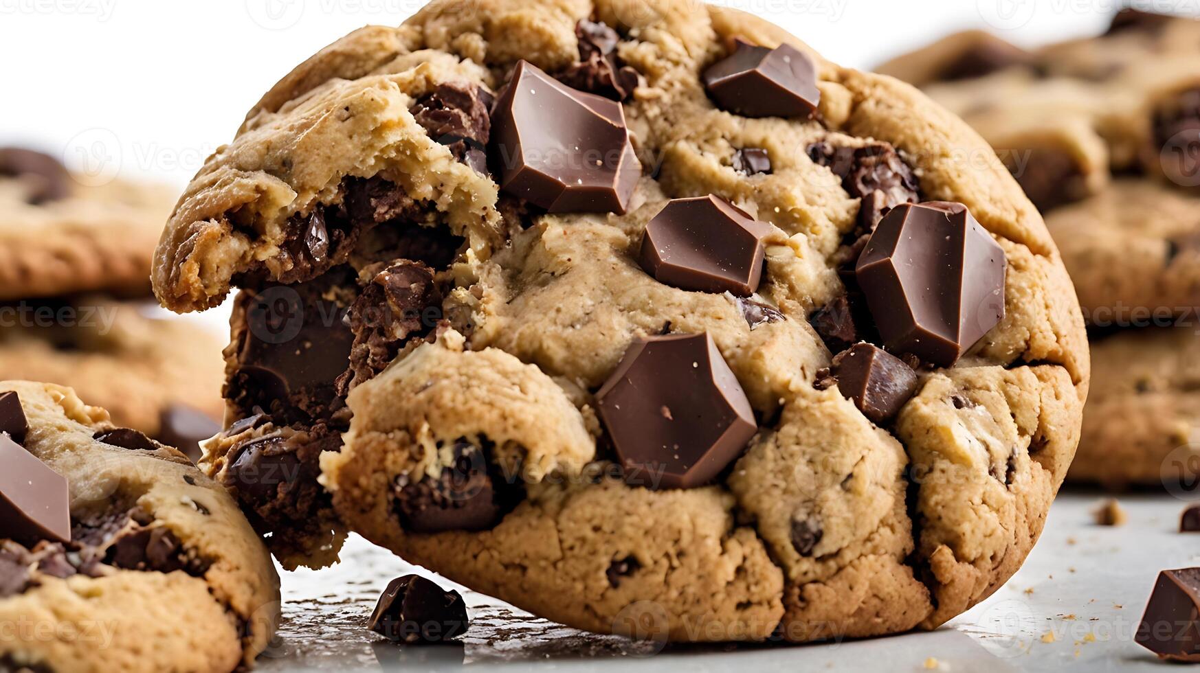 Closeup view of crumbled chocolate chip cookie with rich chocolate pieces photo