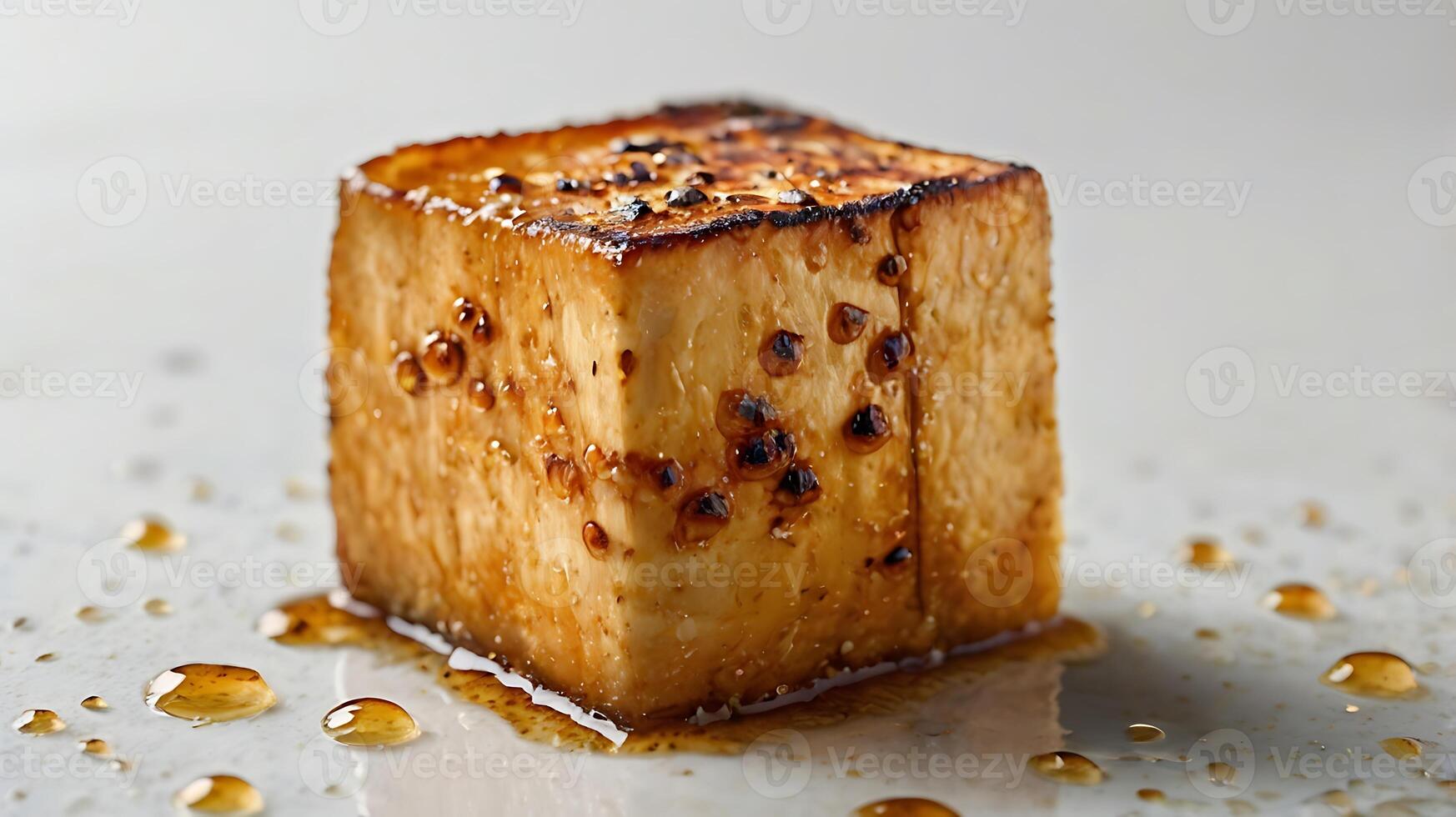 Closeup of a grilled tofu cube with a glossy glaze on a plain surface photo