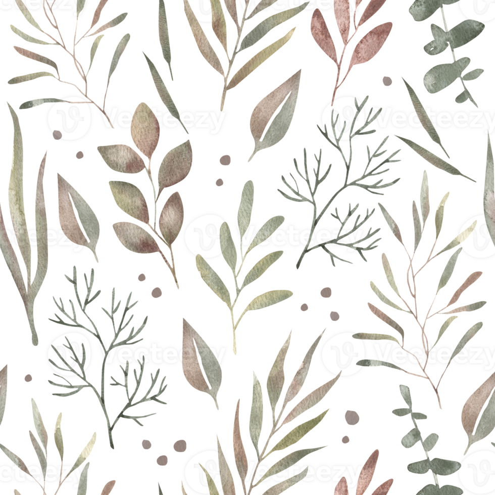 Painted leaves. Watercolor hand-drawn seamless pattern with green leaves and branches on transparent background. png