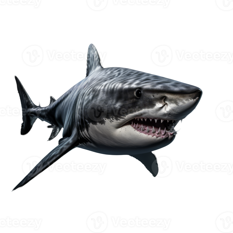 Majestic Predator A Striking 3D Rendering of a Great White Shark Showcasing its Fearsome Presence and Intricate Details Against a Transparent Background. png