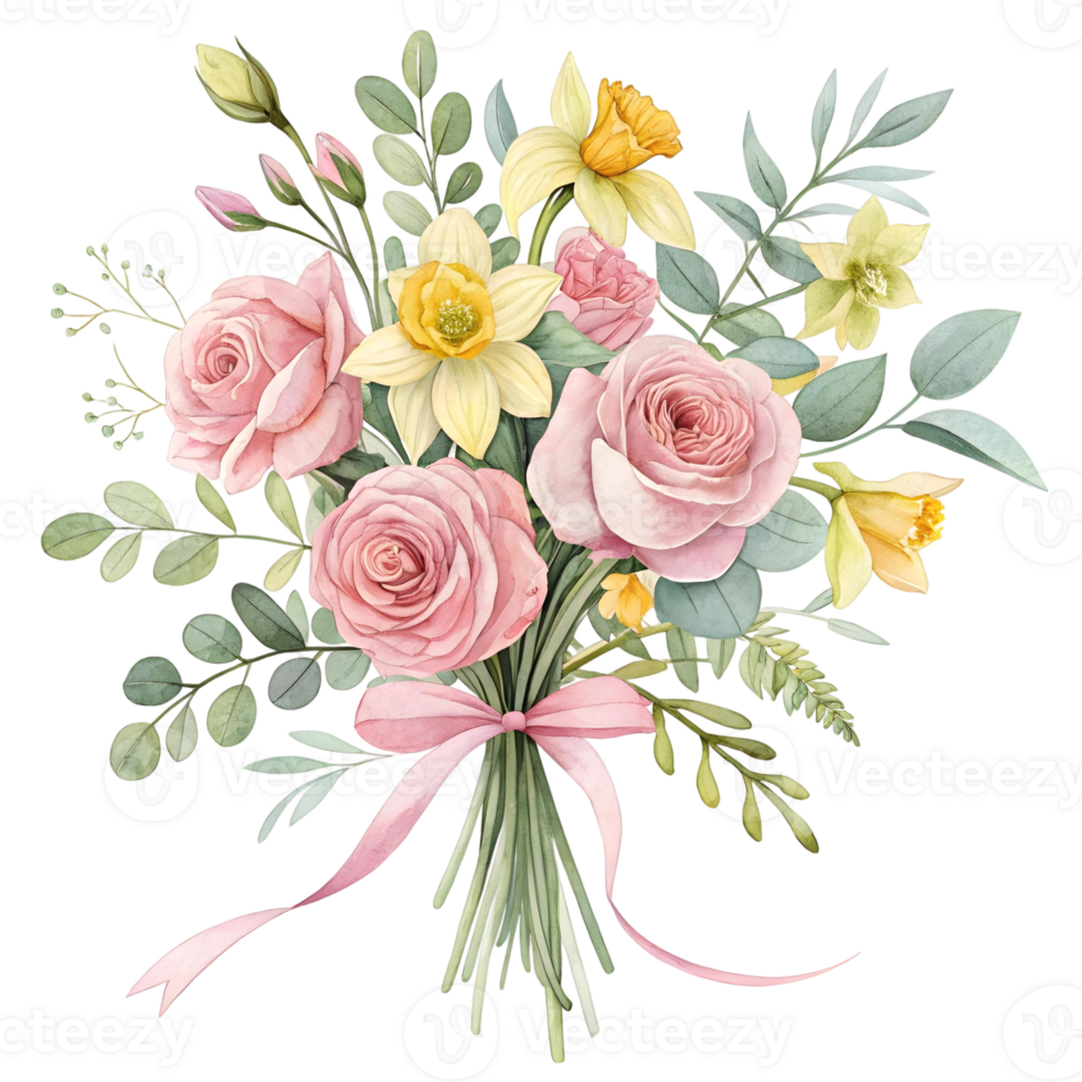 Watercolor Spring Bouquet Pink Roses, Daffodils, Greenery, Pink Ribbon png