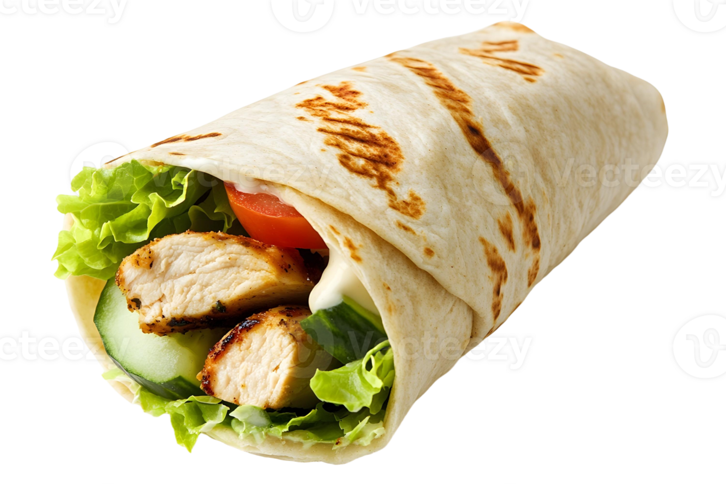Chicken and vegetable wrap with grilled chicken, lettuce, and sauce png