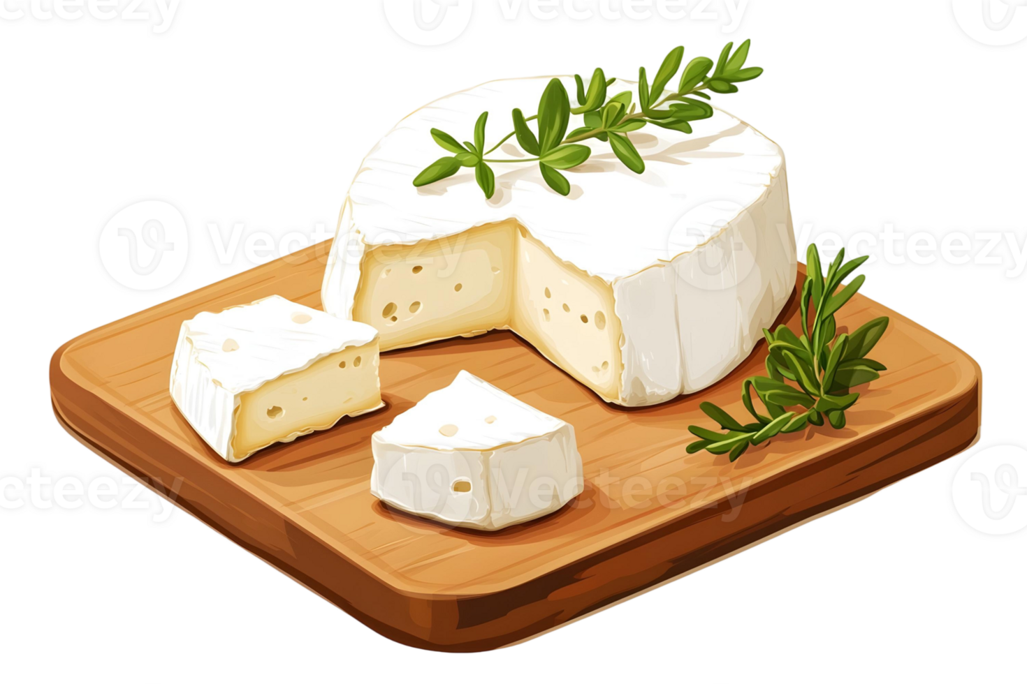 Fresh white cheese block with herbs on wooden cutting board png