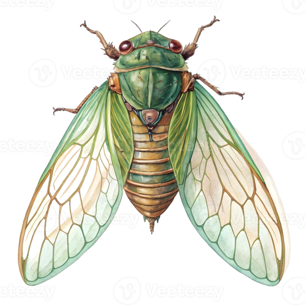 Exquisite Watercolor Painting of a Green Cicada with Detailed Wings and Body png