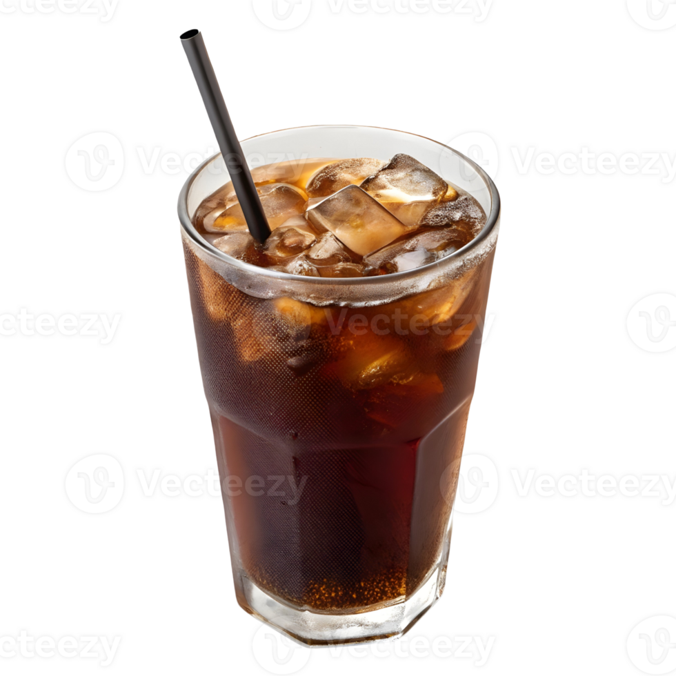 Refreshing iced beverage served in a clear glass with ice cubes and a straw on a transparent background png