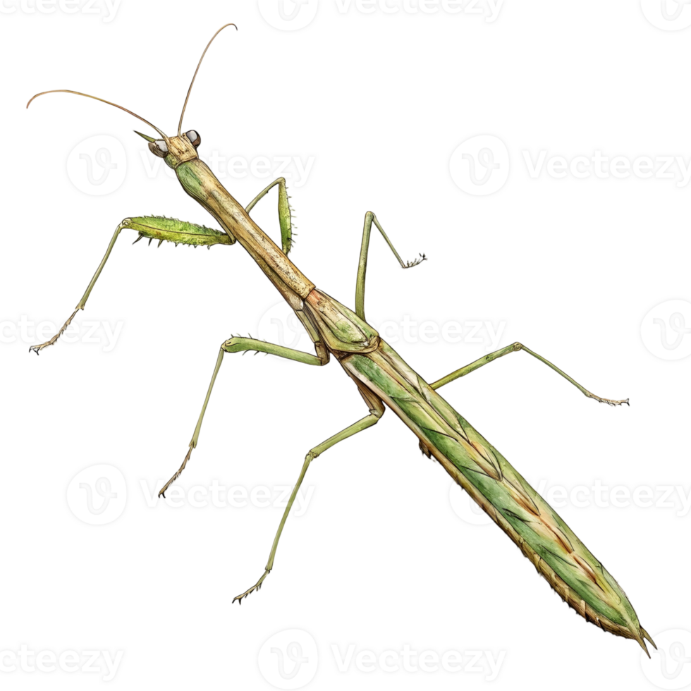 Detailed Illustration of a Stick Insect, Green and Brown Camouflage, Isolated on transparent Background png