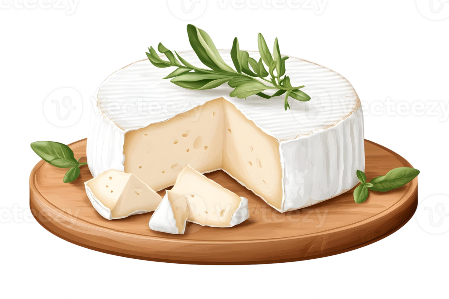 Delicious Camembert Cheese on Wooden Board with Herbs Food Photography png