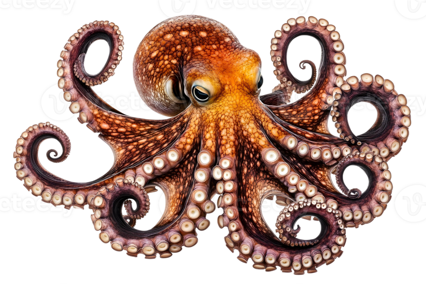 Vibrant Orange Octopus Displaying Tentacles on Transparent Background png