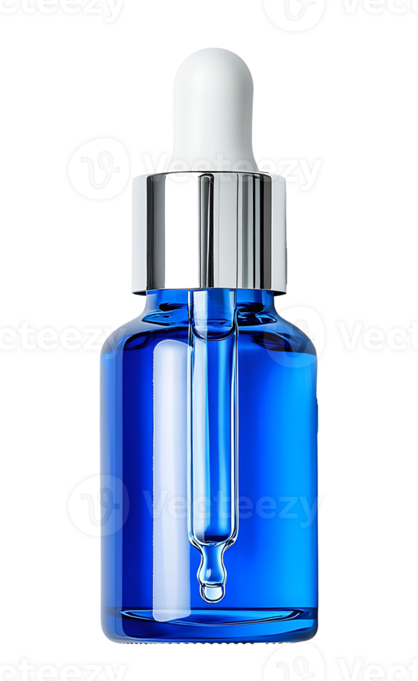 Blue cosmetic bottle with dropper containing liquid for skincare application png