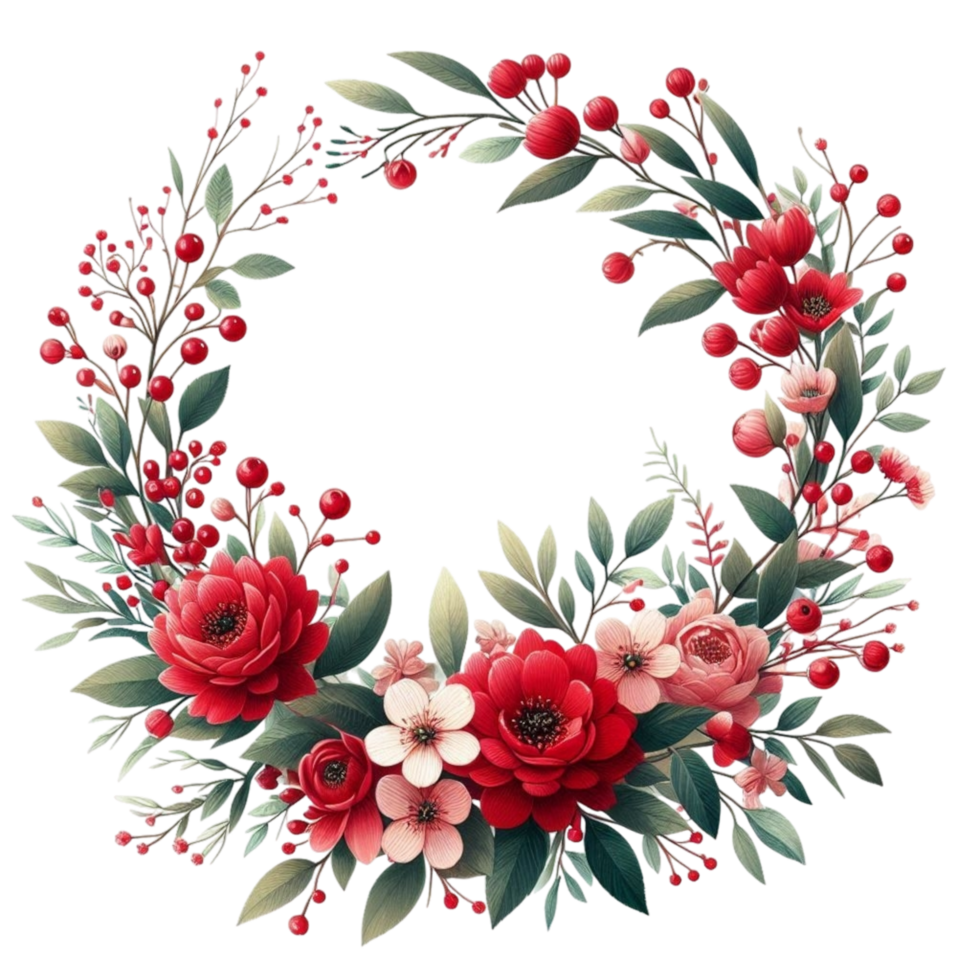Elegant floral wreath with red roses, berries, and leaves creating a frame png