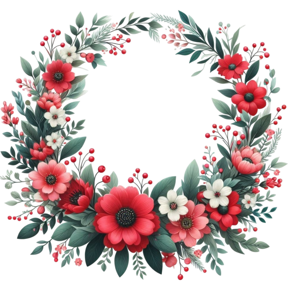 Floral Circle Frame with Red Flowers and Green Leaves on Transparent Backdrop png