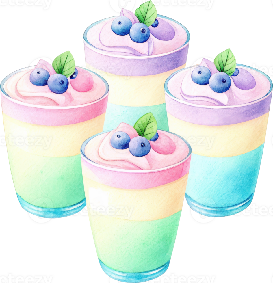 Assorted Colorful Panna Cotta Desserts with Vibrant Berry Sauce Garnished in Glasses png