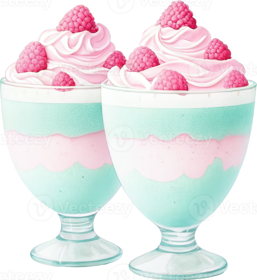 Elegant Mint and Raspberry Frozen Dessert in Pastel Glass Cups png