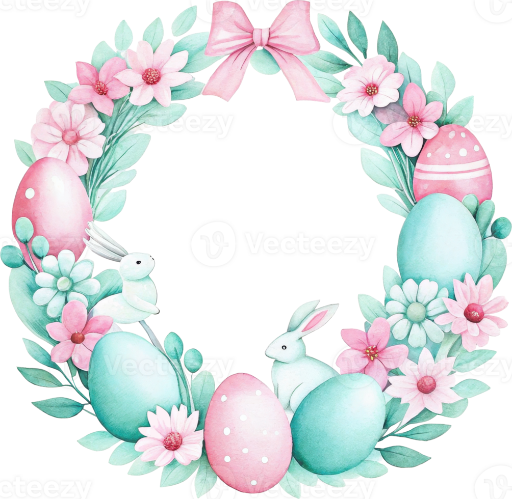 Delicate Floral Wreath with Easter Eggs and Bunnies in Pastel Colors for Spring Holiday png