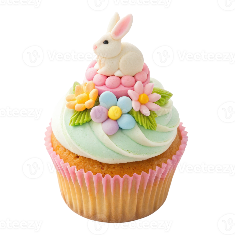 Whimsical Easter Cupcake with Bunny Topper and Floral Sprinkles png