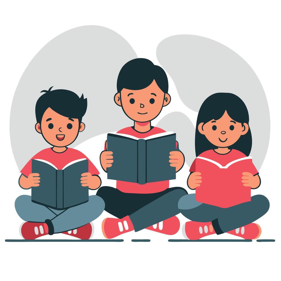 Children Reading Books Together in a Cheerful and Educational Environment vector