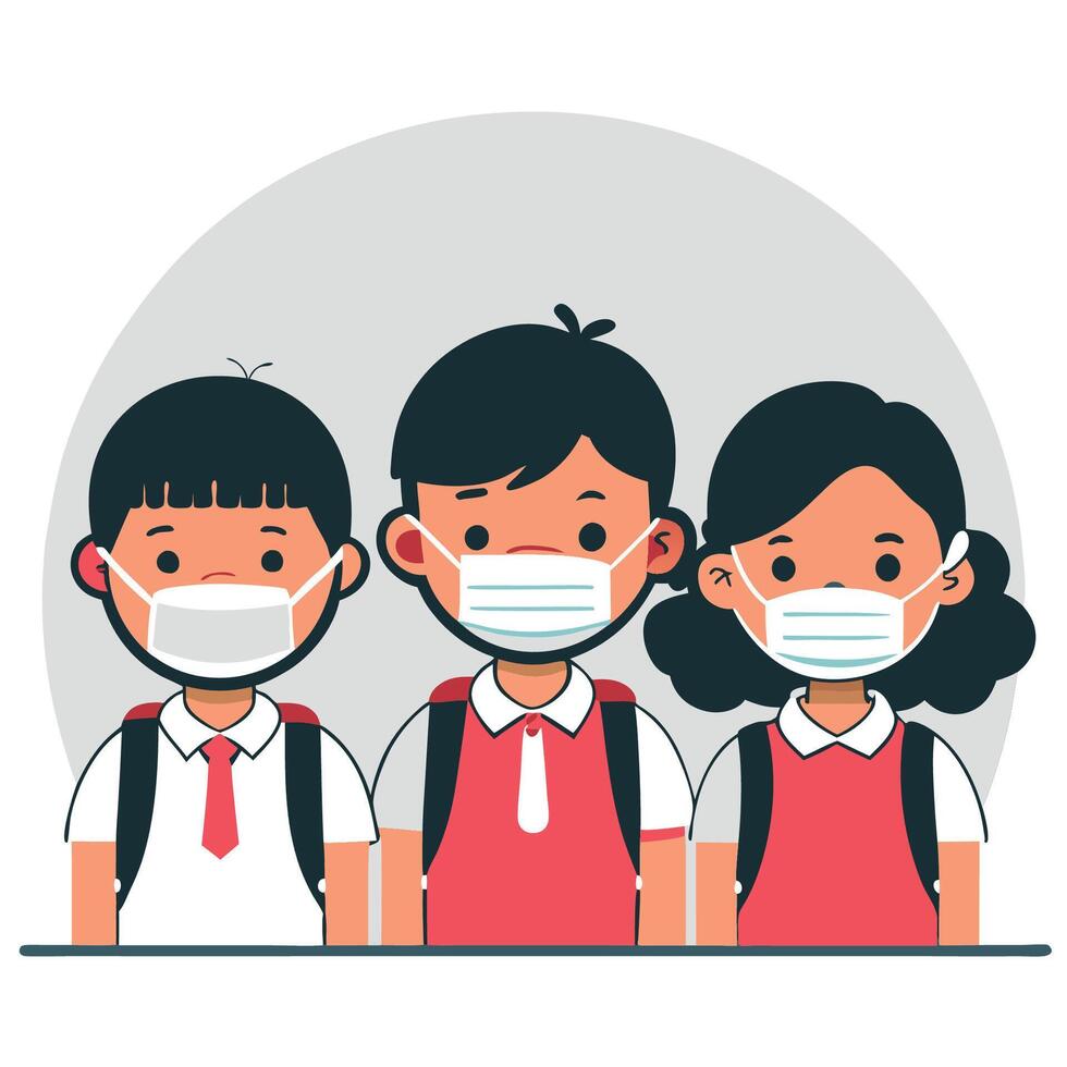 Elementary School Children Wearing Face Masks in Class to Prevent Contagion vector