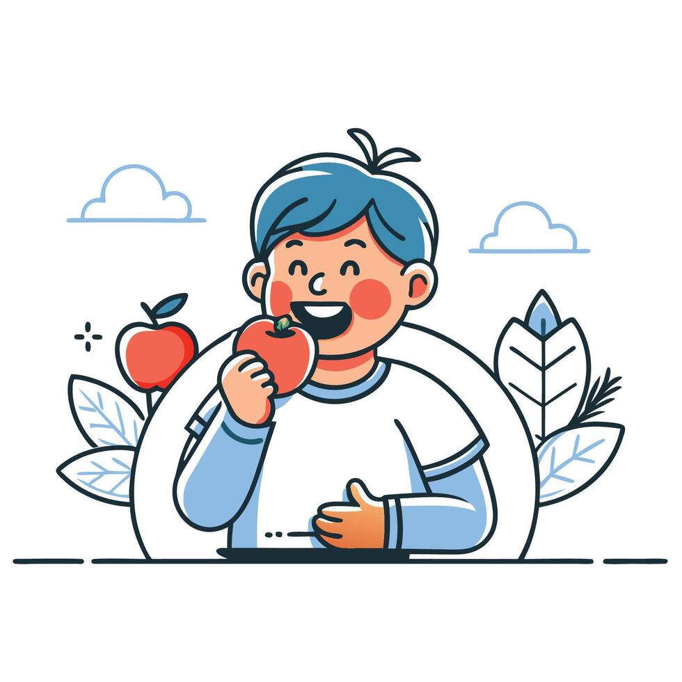 Young Boy Enjoying a Crisp Apple while Reading a Book vector