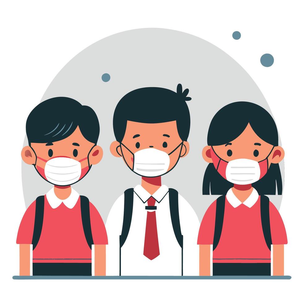 Young Students Wearing Masks in School for Safety vector
