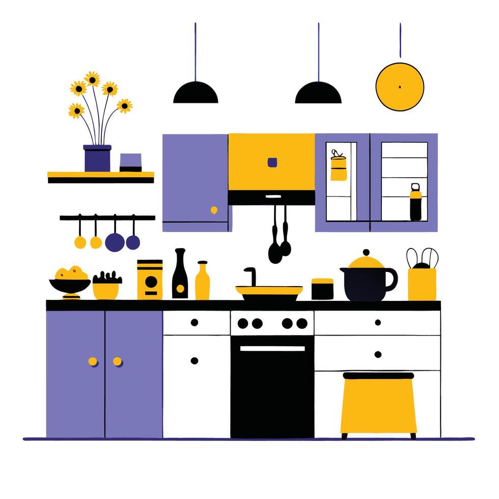 Kitchen Design Concept Illustration with Modern Appliances and Lighting vector