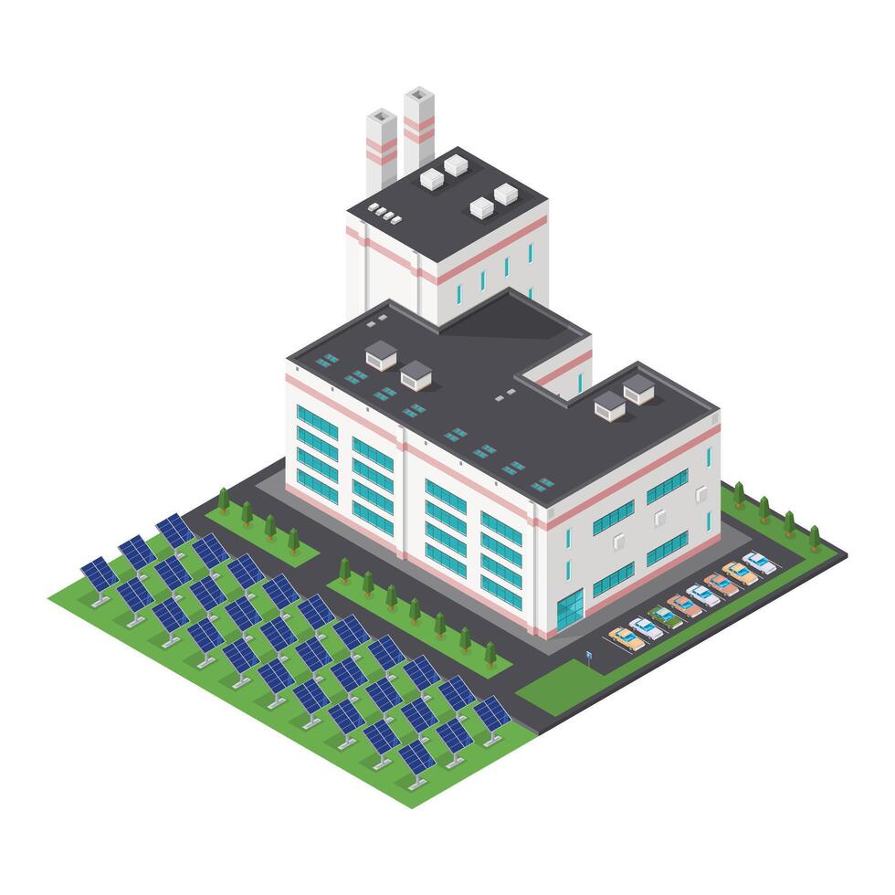 Isometric modern solar power plant Factory Facility Using Solar Panels for Power Generation vector