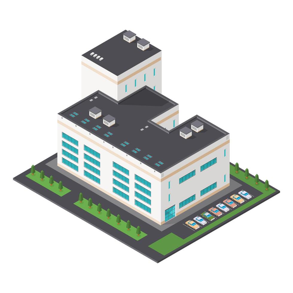 Isometric Modern College School University Campus Building with car park vector