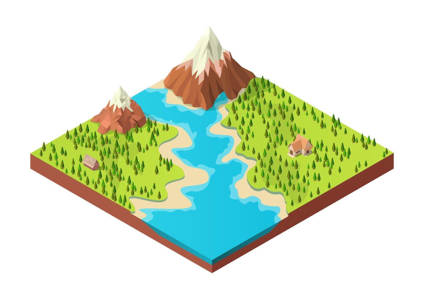 isometric river with snowy mountains and pine forest vector