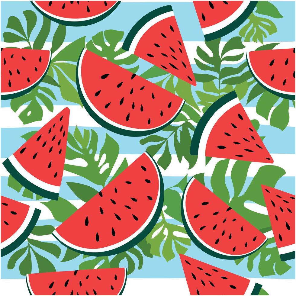 Seamless Watermelon Pattern with Black Seeds Watercolor Slices vector