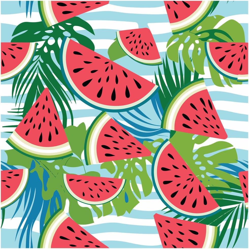 Seamless Watermelon Pattern with Black Seeds Watercolor vector