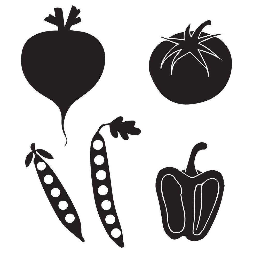 Cartoon Vegetable Icons Silhouettes of Tomato, Broccoli, Carrot, Onion, Radish, Beetroot vector