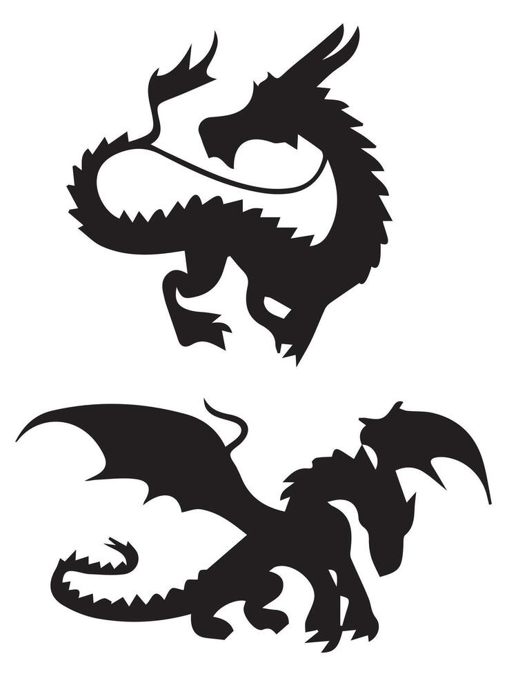 Dragon Silhouette Crest Wings and Tattoo Designs Collection Set vector