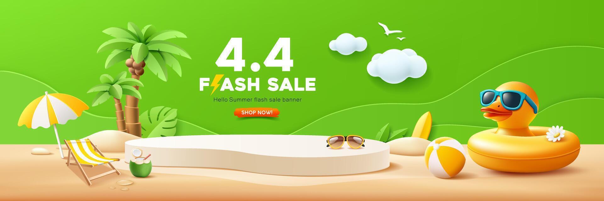 Summer flash sale podium, Duck yellow shaped inflatable ring, beach umbrella, coconut tree, banner design on sand beach green background vector