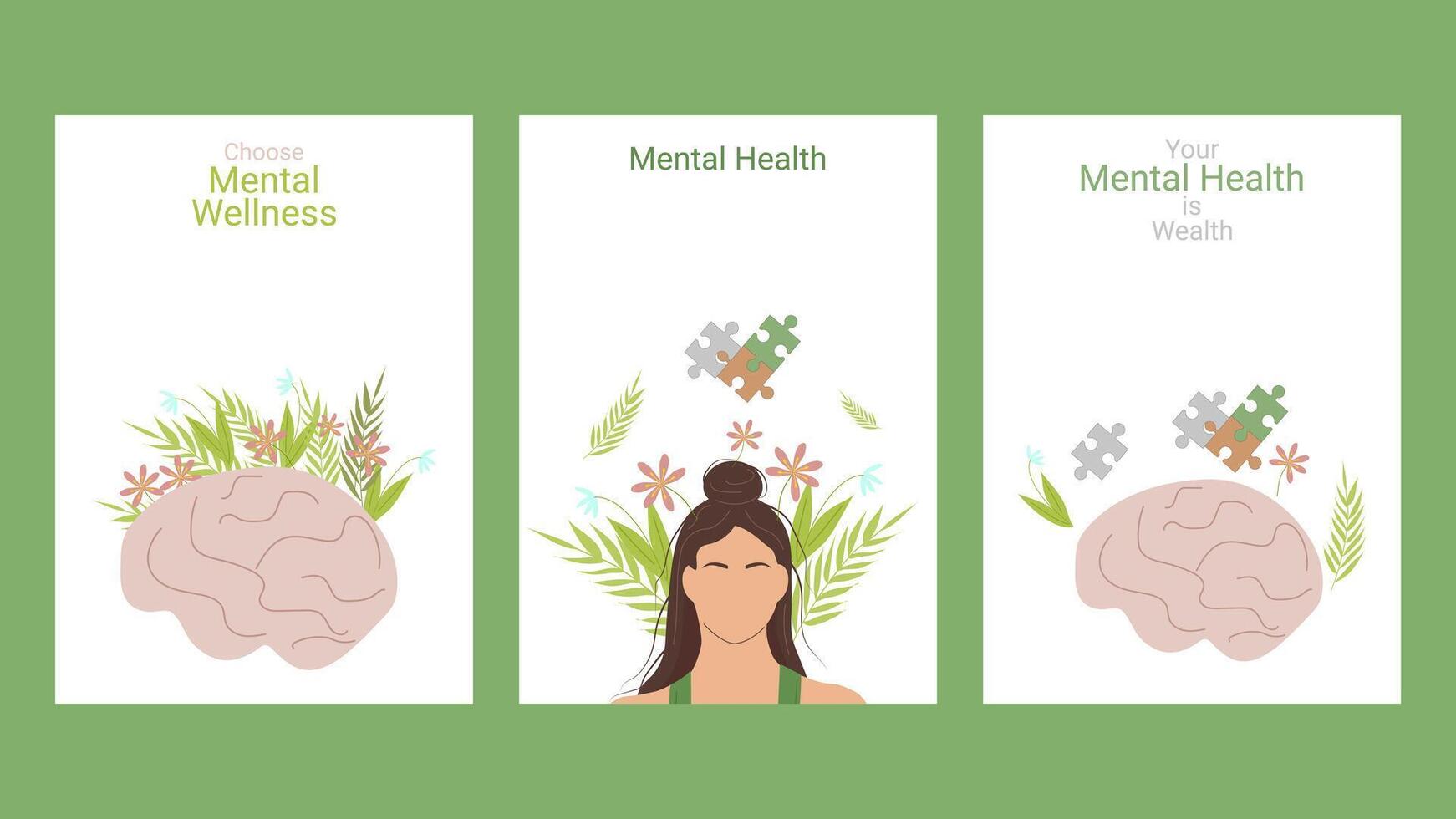 Mental health awareness month layout set poster. Psychological and emotional well-being. illustration. vector