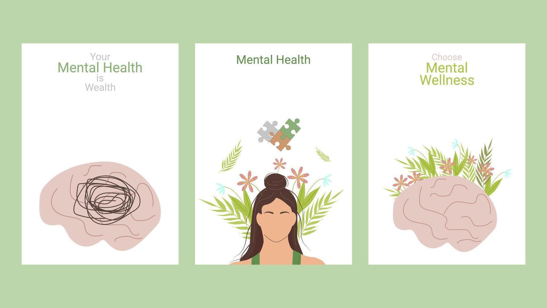 Mental health awareness month layout set poster. Psychological and emotional well-being high degree of self awareness. illustration. vector