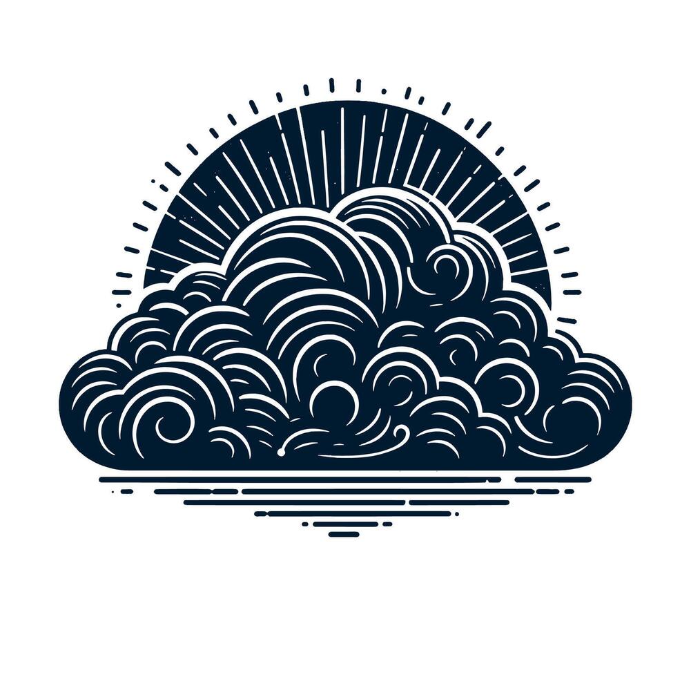 A black and white illustration of a cloud with sun vector