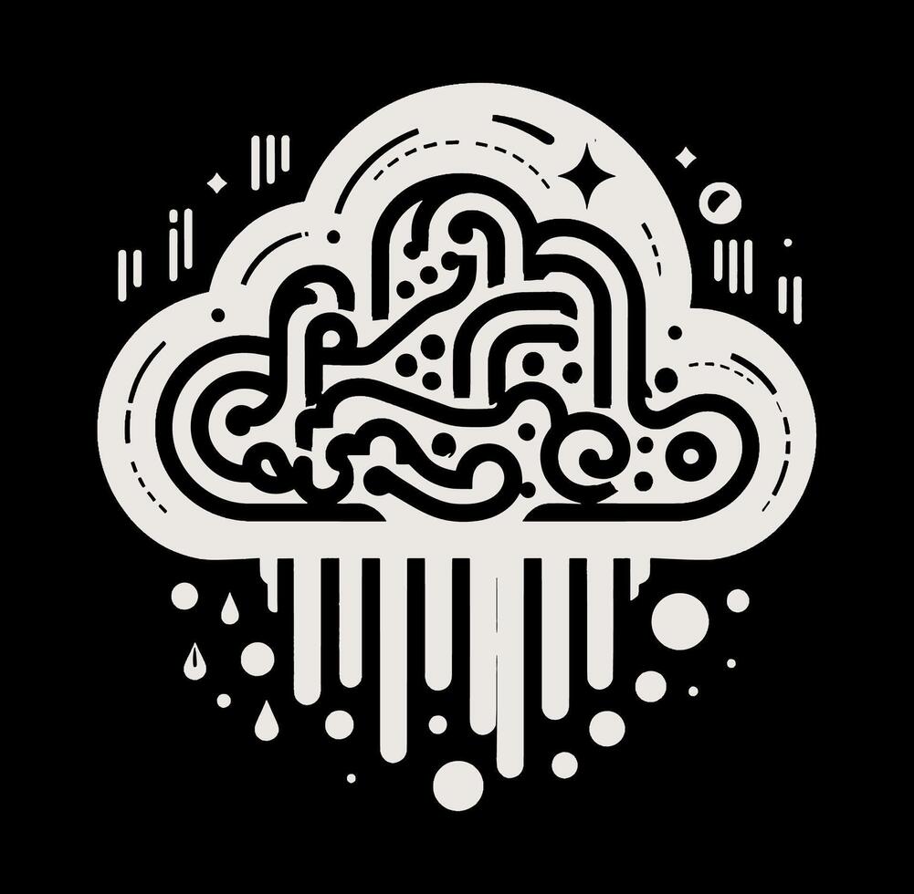 A black and white illustration of a cloud with rain drops vector