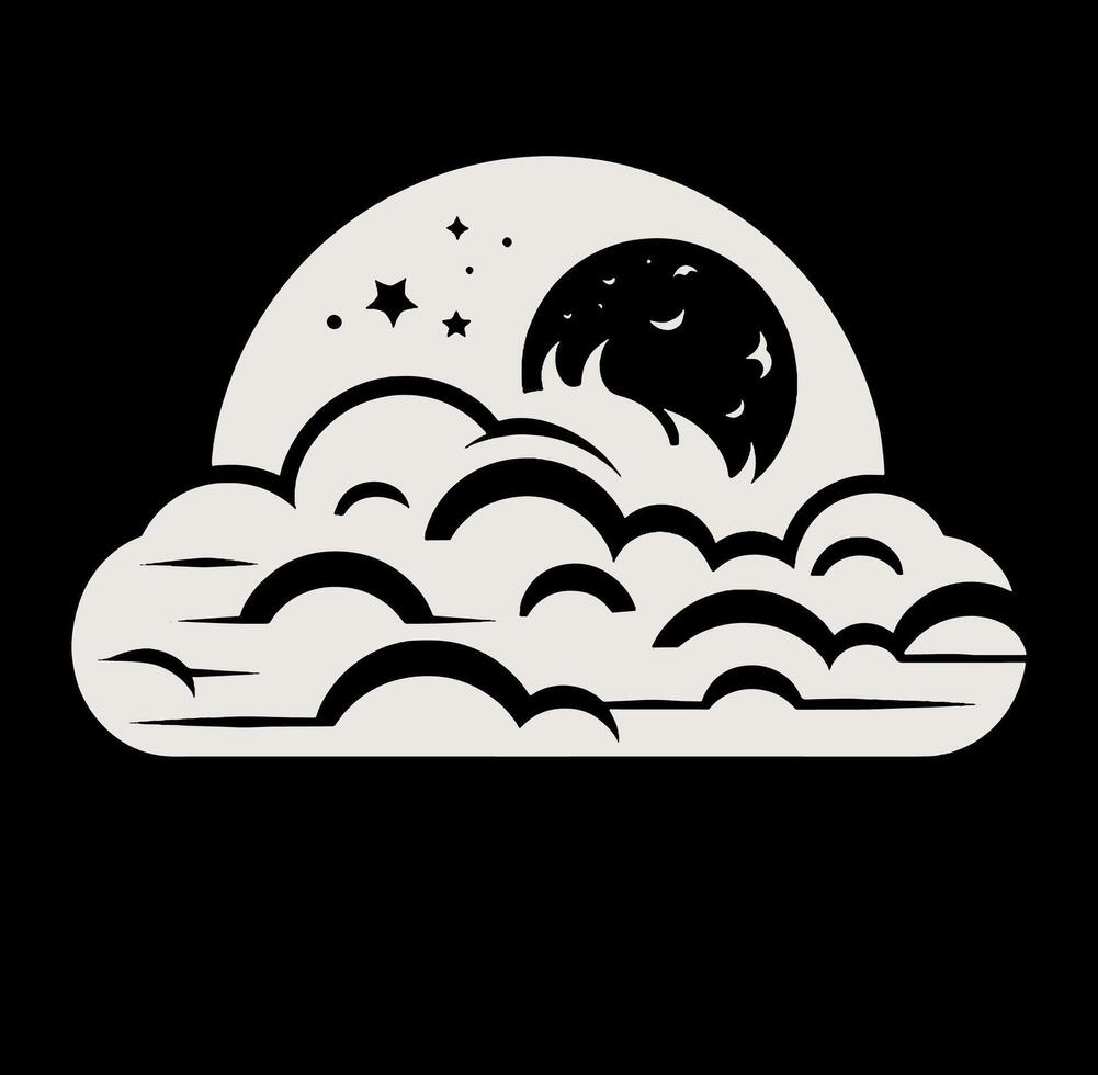 A black and white illustration of a moon and clouds vector