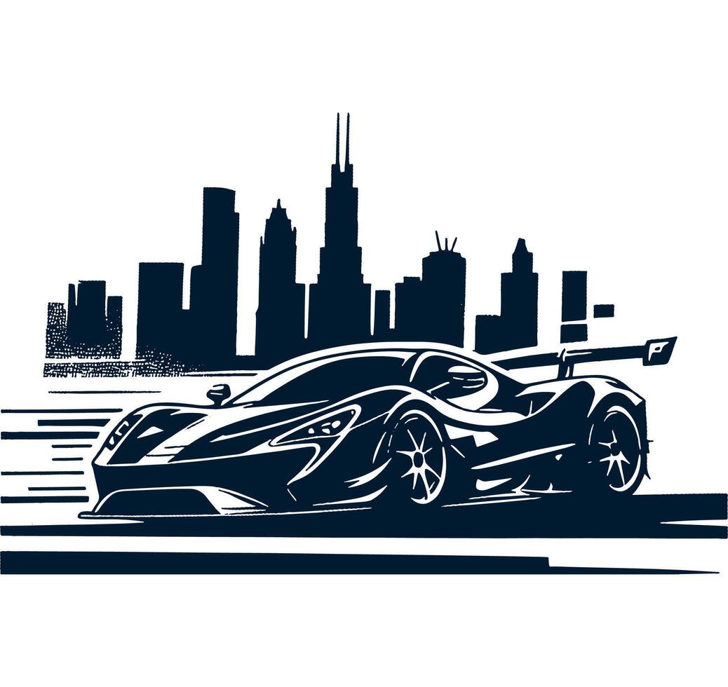A black and white illustration of a sports car with the skyline in the background vector